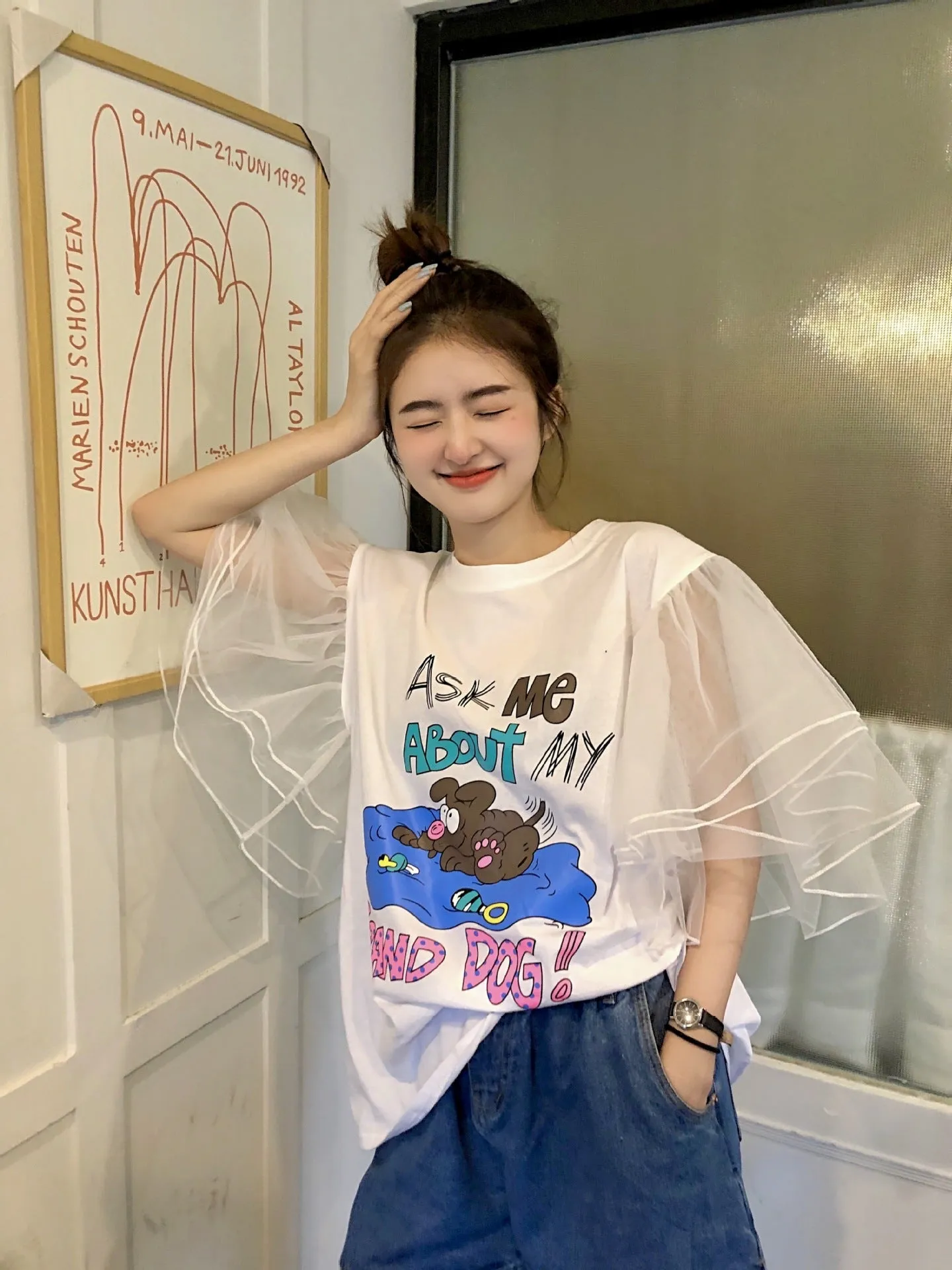 3D kawaii mesh bubble sleeve sweet long tee shirt cartoon printing cotton T-shirt look young
