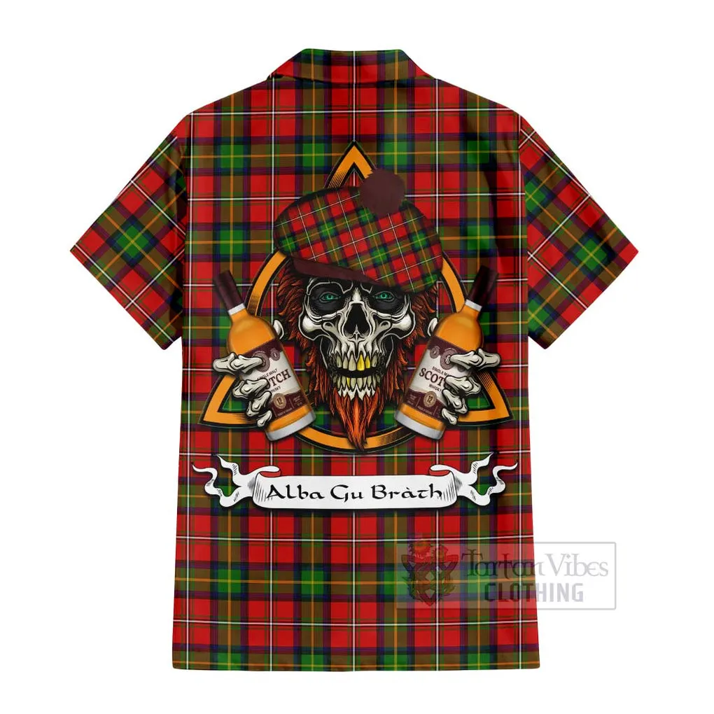 Boyd Tartan Short Sleeve Button Shirt with Family Crest and Bearded Skull Holding Bottles of Whiskey
