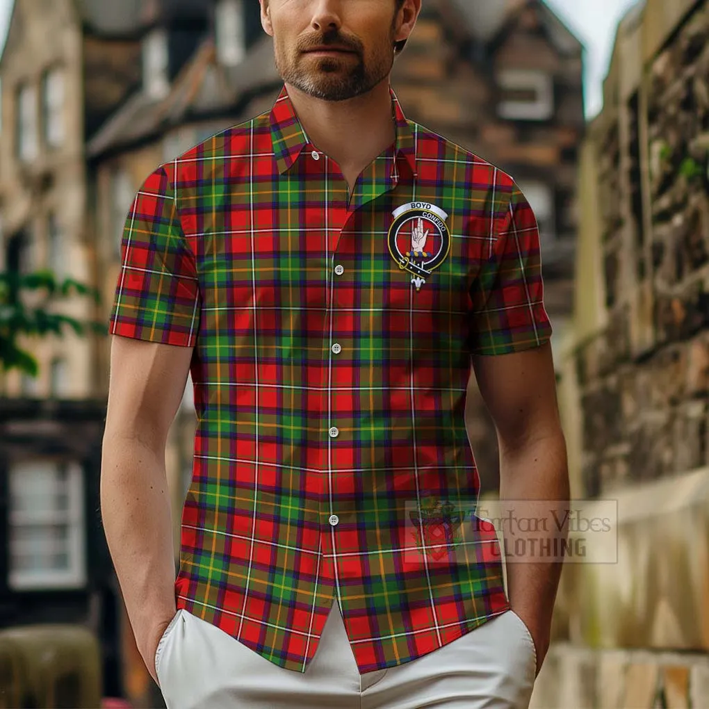 Boyd Tartan Short Sleeve Button Shirt with Family Crest and Bearded Skull Holding Bottles of Whiskey