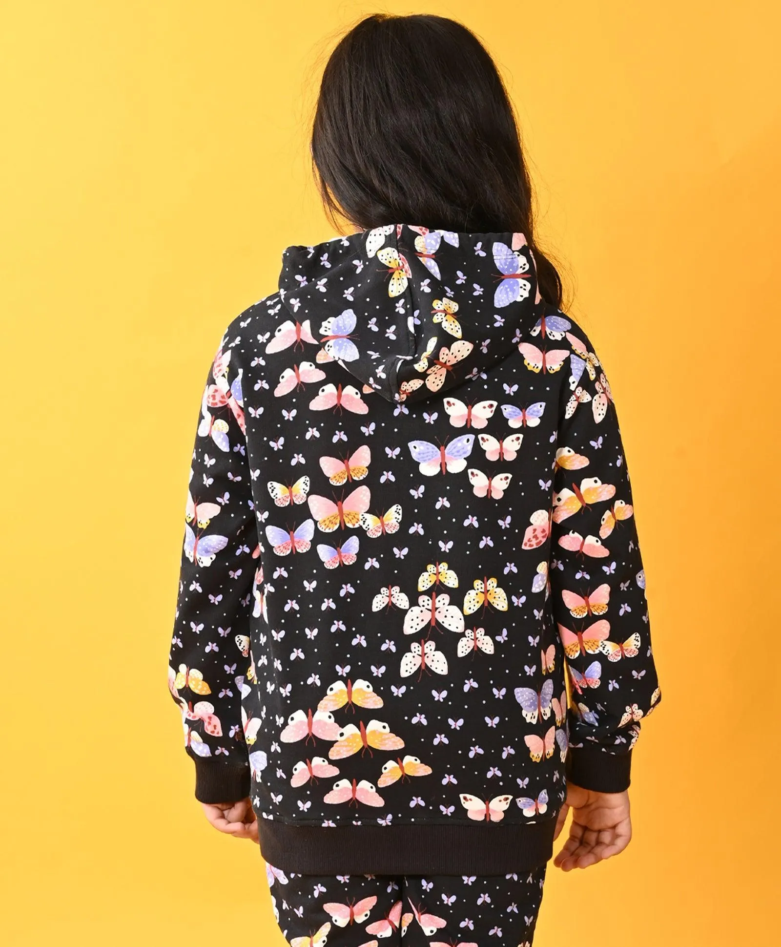BUTTERFLY BLACK FLEECE ZIPPER HOODIE - BLACK