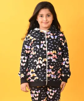 BUTTERFLY BLACK FLEECE ZIPPER HOODIE - BLACK