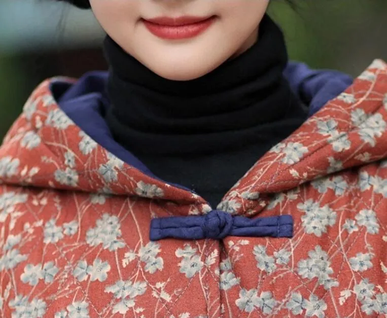 Casual floral hooded winter long women's cotton coat
