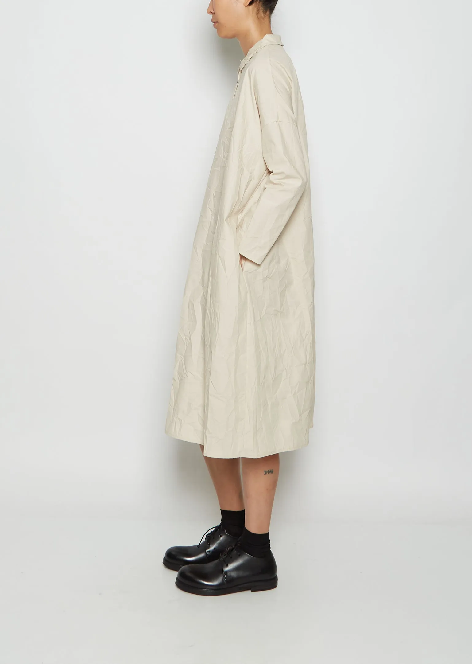 Crinkled Cotton Mini Placket Shirt Dress