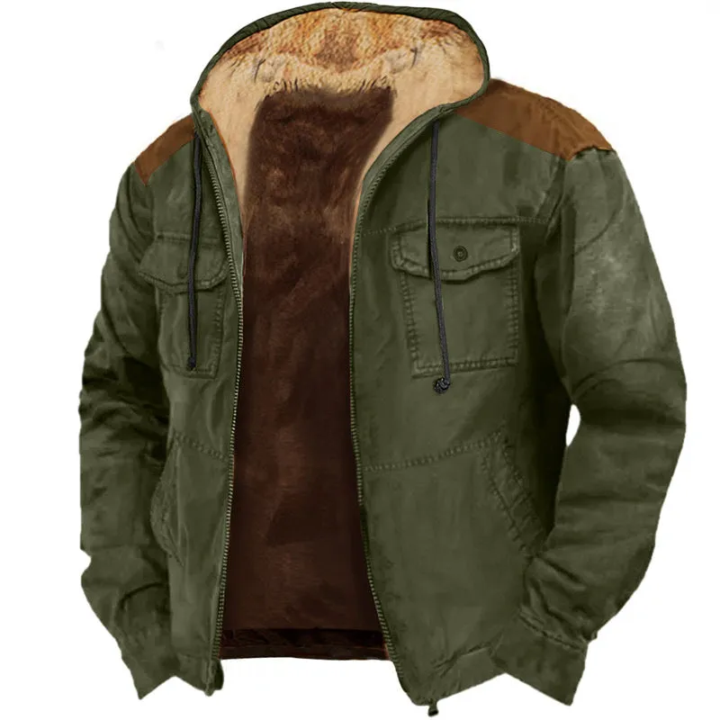 HOODED SWEATSHIRT BROWN LINING POCKET COTTON JACKET