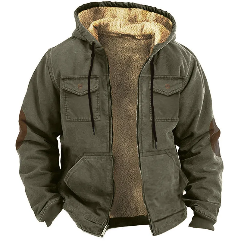 HOODED SWEATSHIRT BROWN LINING POCKET COTTON JACKET