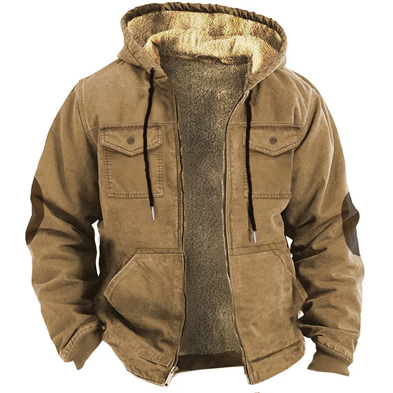 HOODED SWEATSHIRT BROWN LINING POCKET COTTON JACKET