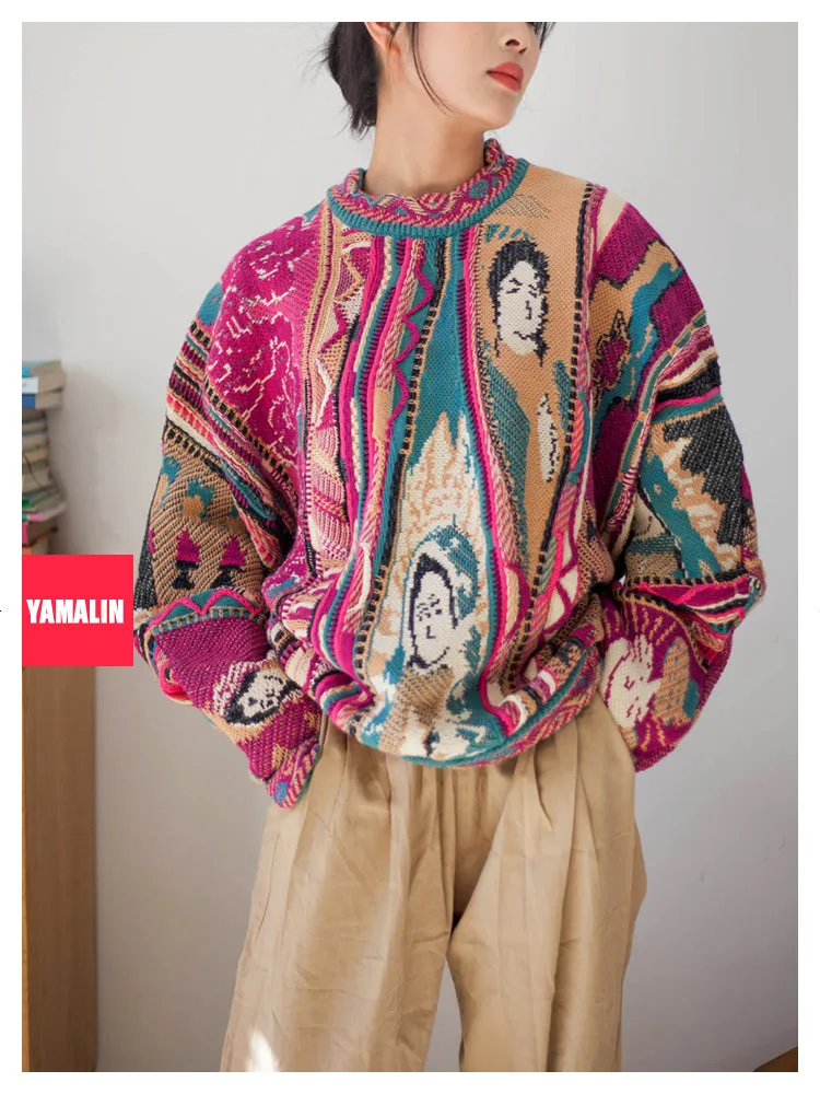 Japanese retro rose flower portrait pattern red pullover knitted sweater s