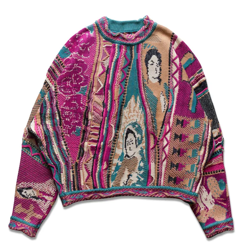 Japanese retro rose flower portrait pattern red pullover knitted sweater s
