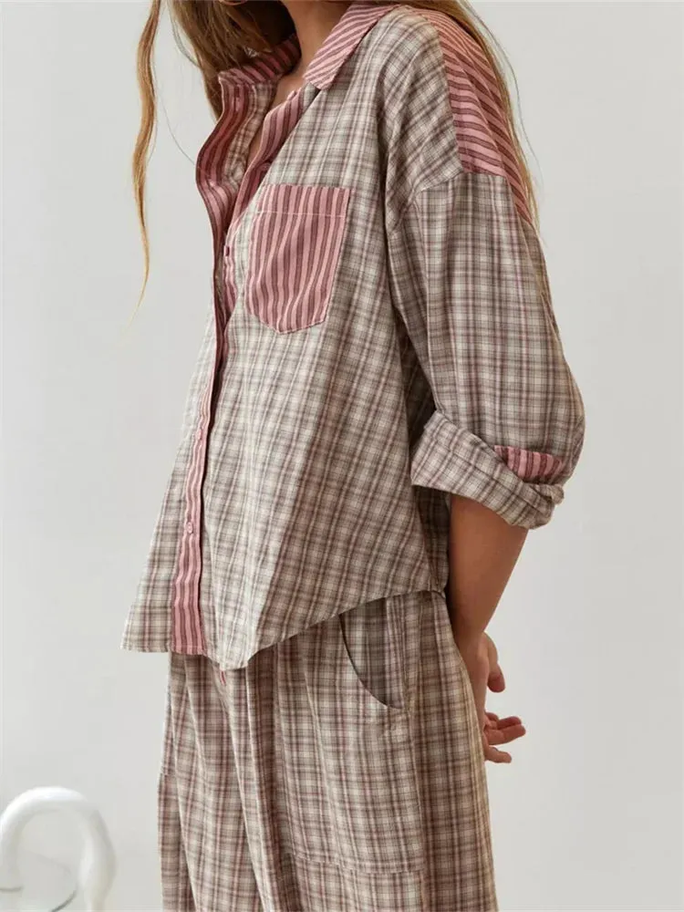 JuliaFashion - Plaid Patchwork Button Closure Elastic Waist Sleepwear Suits