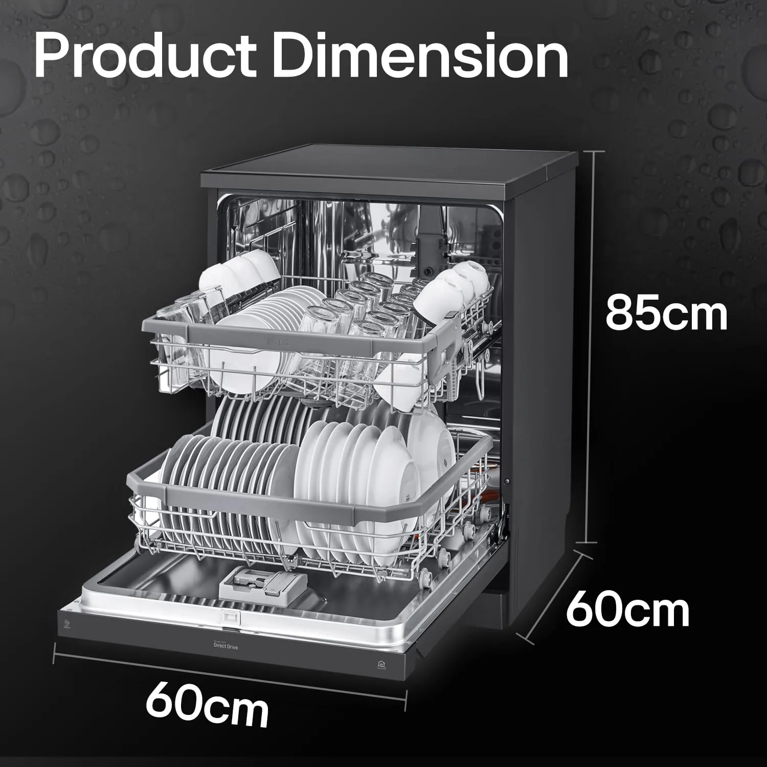 LG DFB424FM 14 Place Setting Dishwasher | TrueSteam, QuadWash, EasyRack Plus, Wi-Fi Enabled, Matte Black, Inverter Direct Drive Motor | Freestanding Dishwasher for Indian Kitchens