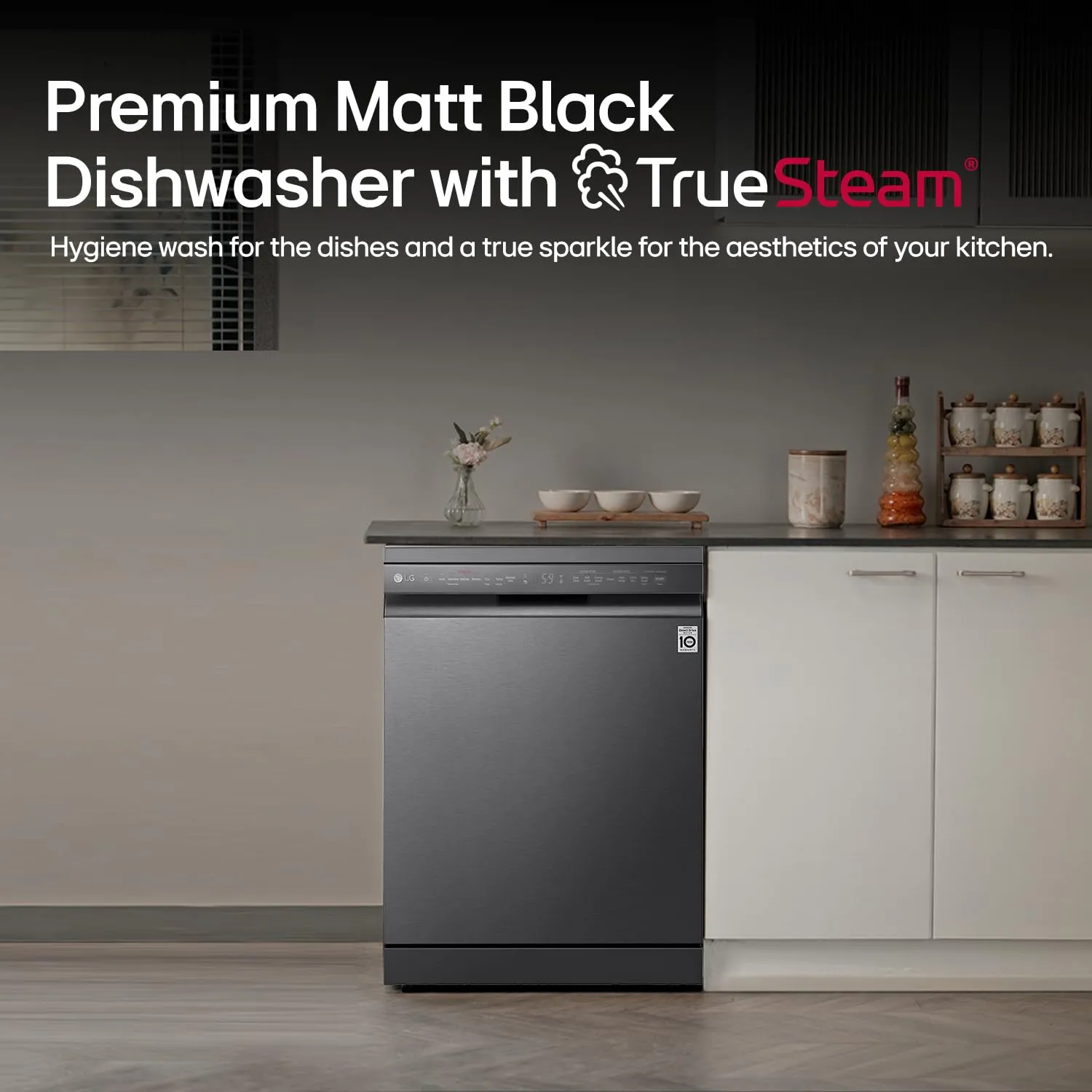 LG DFB424FM 14 Place Setting Dishwasher | TrueSteam, QuadWash, EasyRack Plus, Wi-Fi Enabled, Matte Black, Inverter Direct Drive Motor | Freestanding Dishwasher for Indian Kitchens