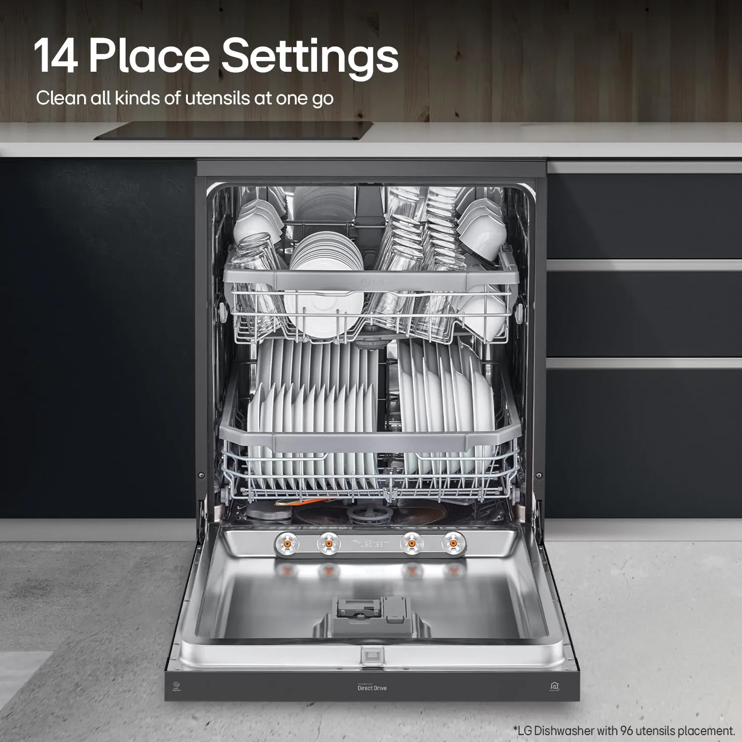 LG DFB424FM 14 Place Setting Dishwasher | TrueSteam, QuadWash, EasyRack Plus, Wi-Fi Enabled, Matte Black, Inverter Direct Drive Motor | Freestanding Dishwasher for Indian Kitchens