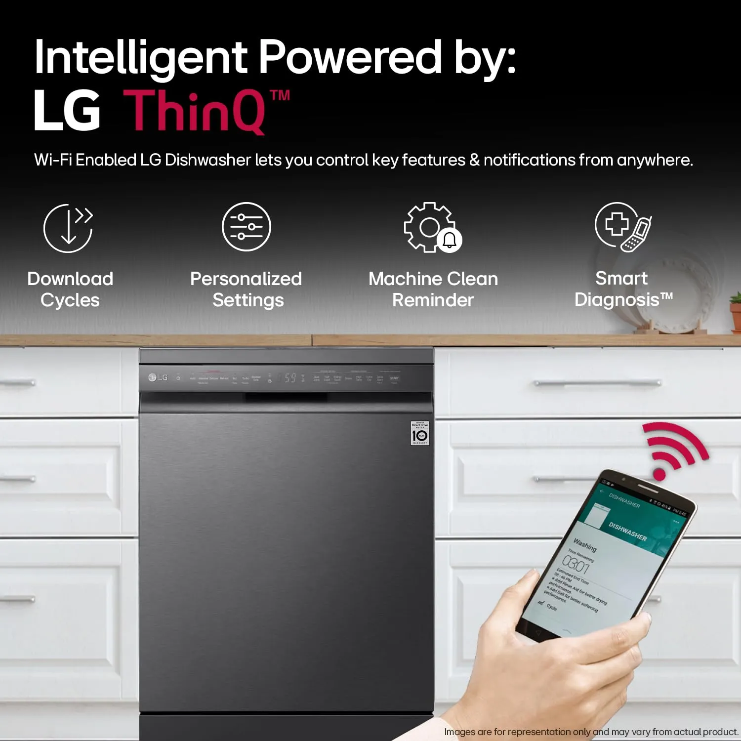 LG DFB424FM 14 Place Setting Dishwasher | TrueSteam, QuadWash, EasyRack Plus, Wi-Fi Enabled, Matte Black, Inverter Direct Drive Motor | Freestanding Dishwasher for Indian Kitchens