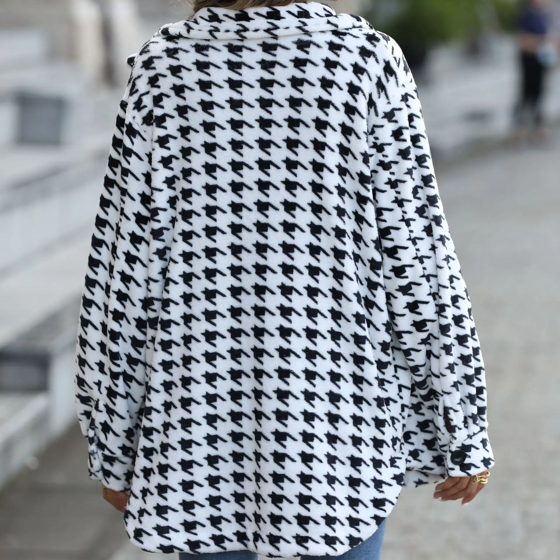 Loose Houndstooth Mid-Length Flannel Suit Collar Jackets Wholesale Womens Clothing N3823111600033