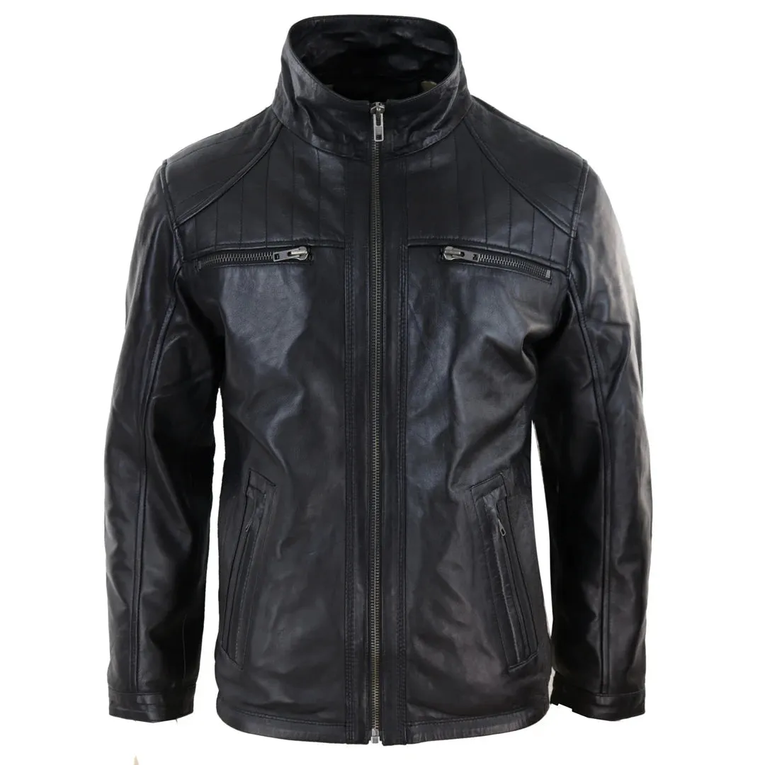 Men's Black Hoodie Leather Jacket Removable Hood Zip Napa