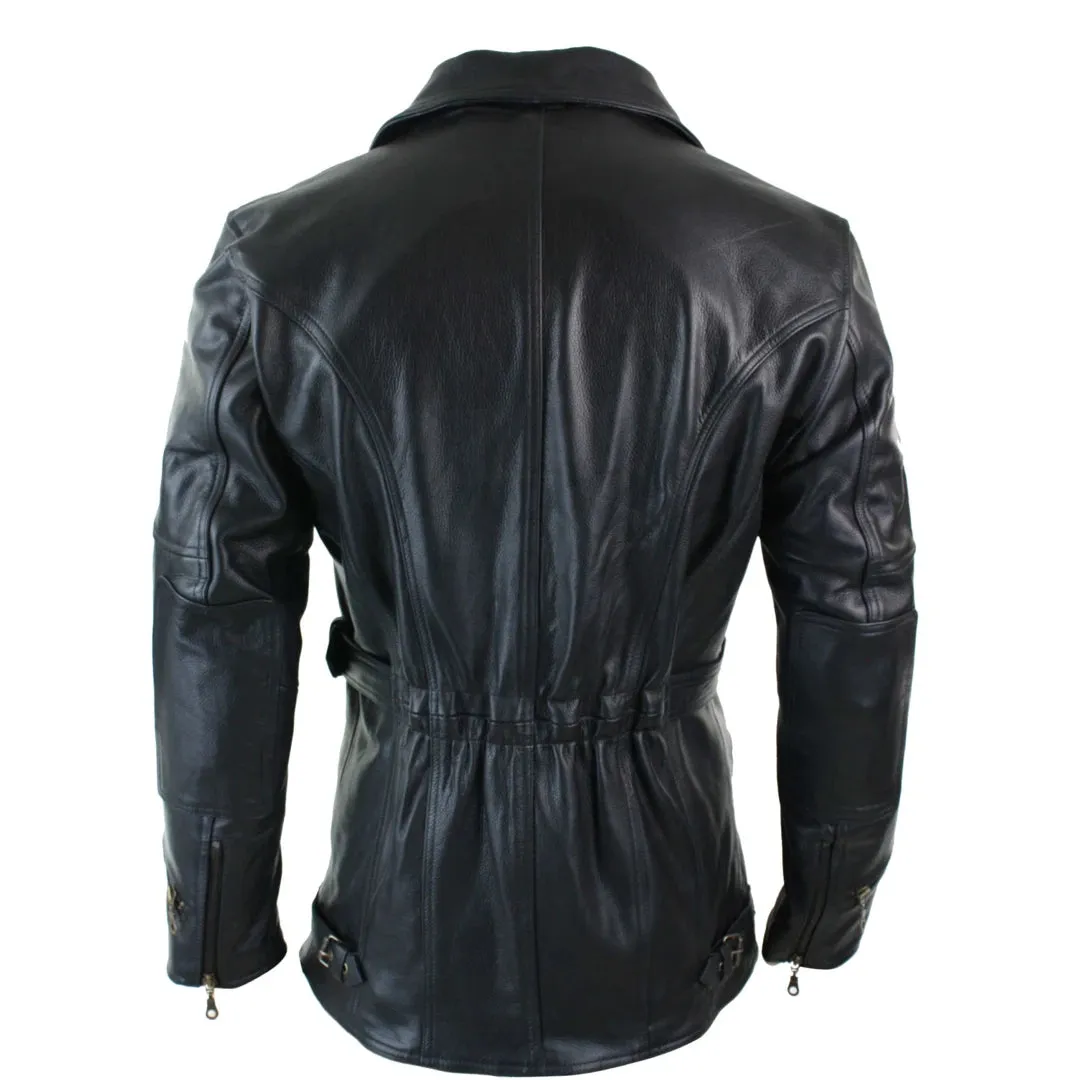 Men's Cross Zip Belted Black 3/4 Motorcycle Biker Long Leather Jacket CE Armour