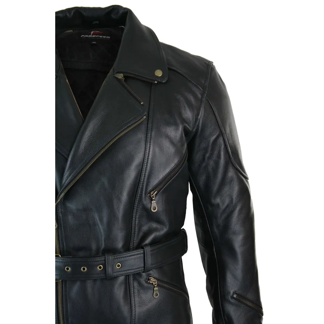 Men's Cross Zip Belted Black 3/4 Motorcycle Biker Long Leather Jacket CE Armour