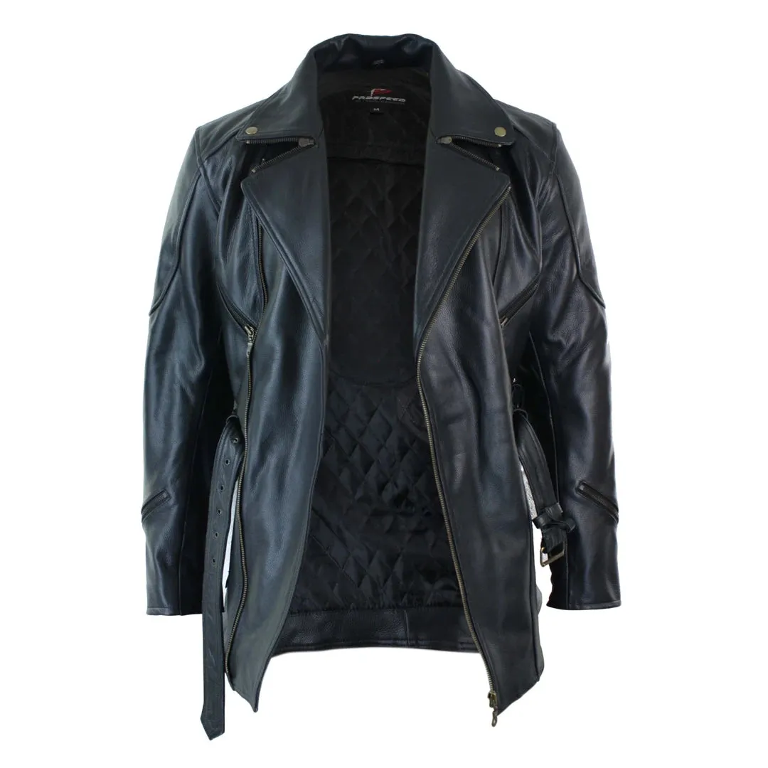 Men's Cross Zip Belted Black 3/4 Motorcycle Biker Long Leather Jacket CE Armour