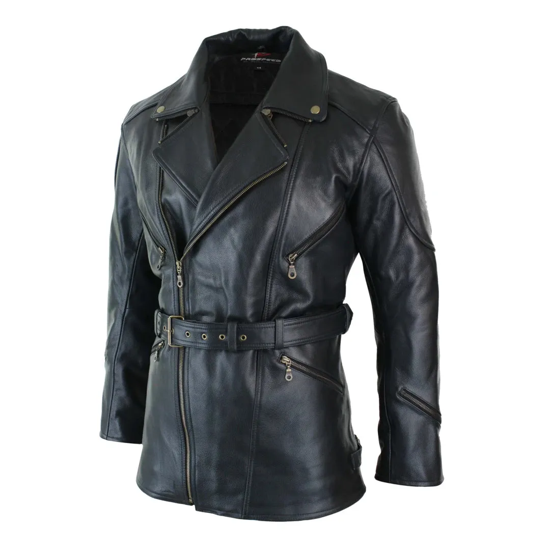 Men's Cross Zip Belted Black 3/4 Motorcycle Biker Long Leather Jacket CE Armour