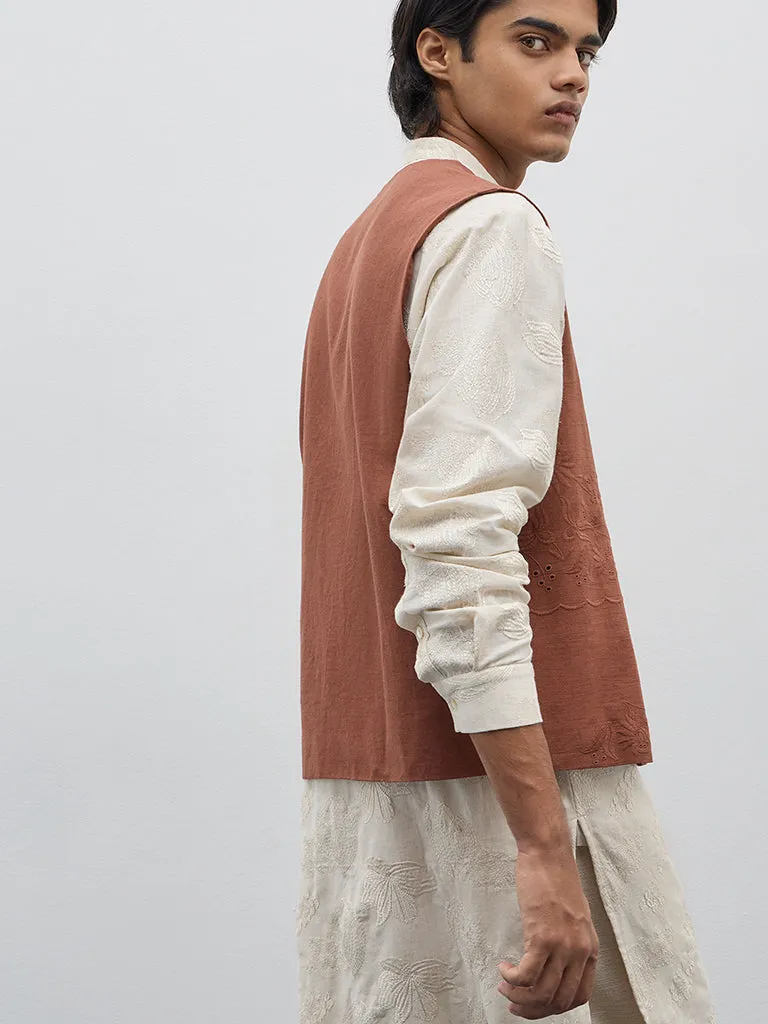 Mens Ethnicwear Brown Schiffli Designed Cotton Blend Jacket