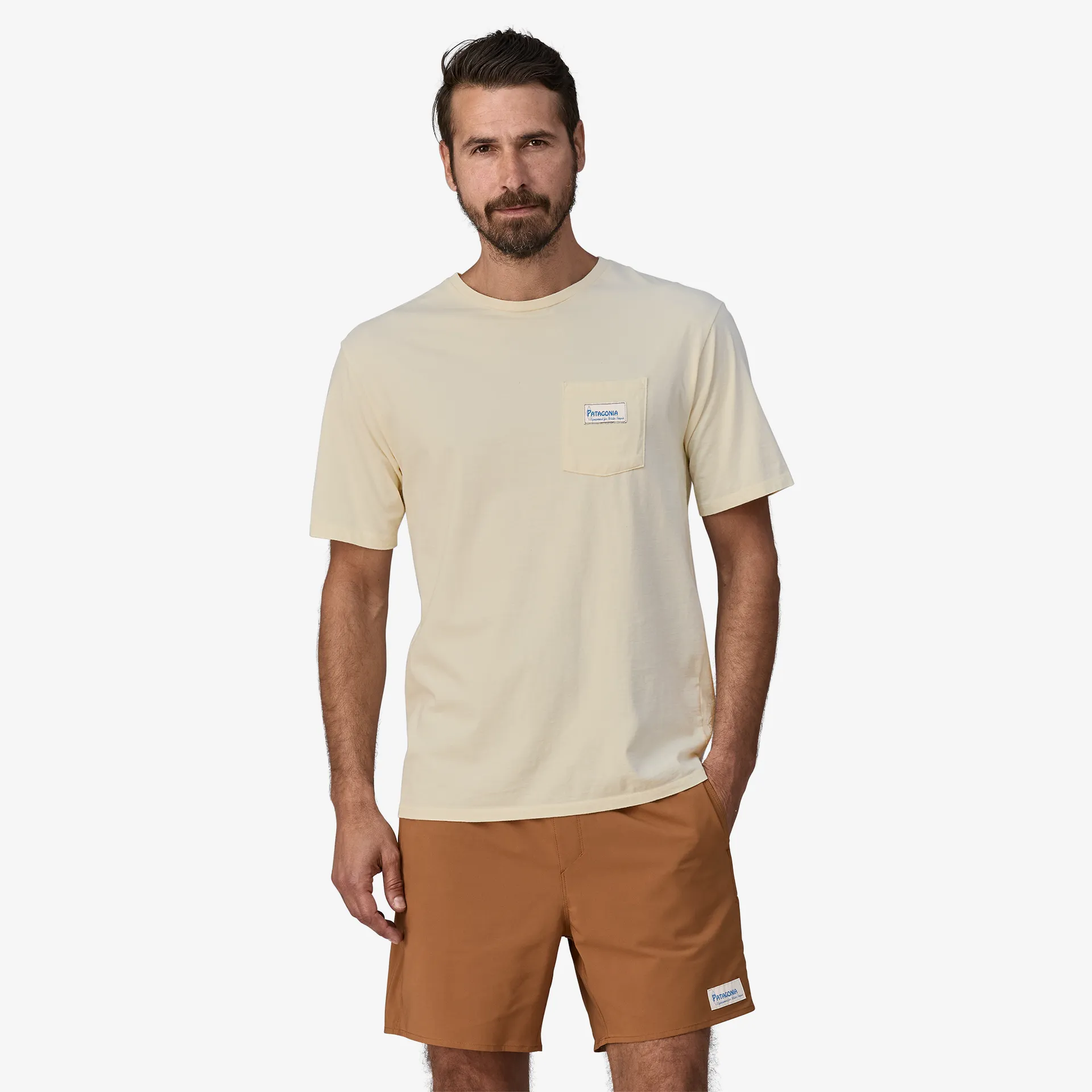 PATAGONIA M'S WATER PEOPLE ORGANIC POCKET T-SHIRT - WATER PEOPLE BANNER: UNDYED NATURAL