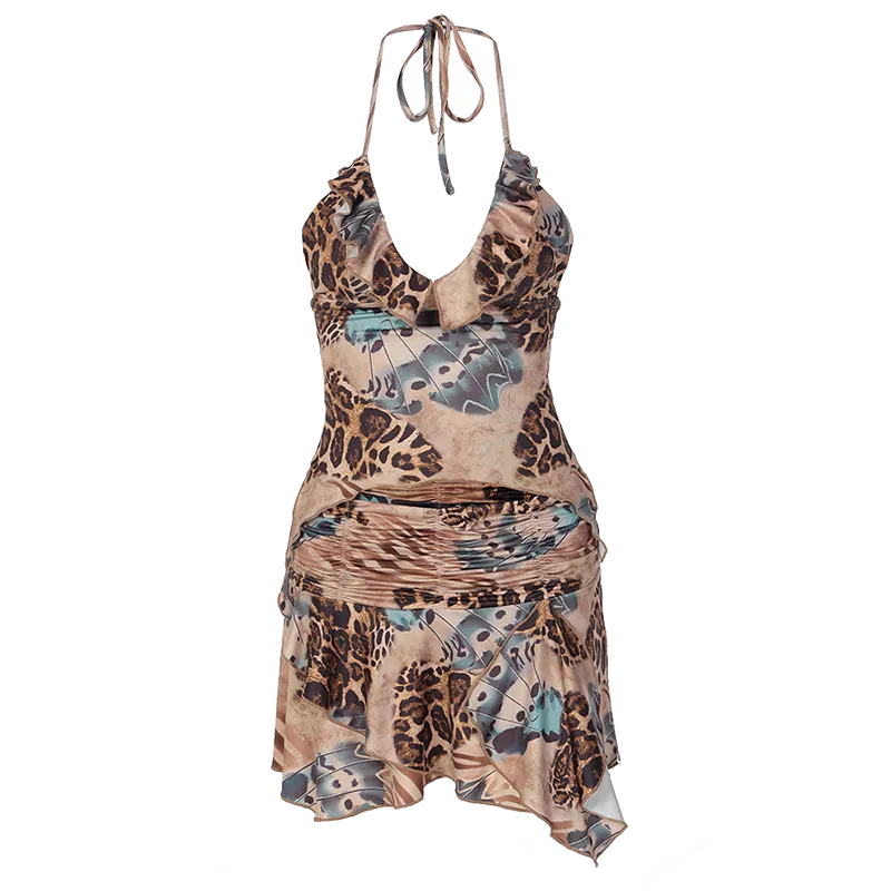 Ruffles Print Halter Sleeveless Crop Top Draped Skirts 2 Pcs Set