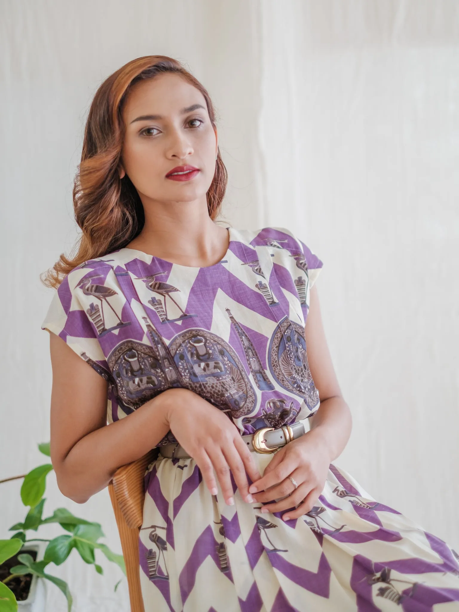 Vintage Zigzag Stripe Print Round Neck Pleated Midi Dress