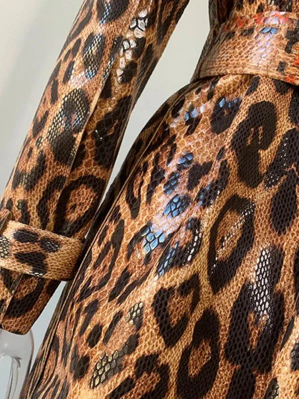 Wenkouban-Winter outfits Christmas Brown Leopard Printed Long Belt PU Leather Style Trench Coat