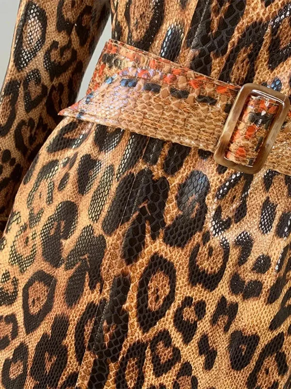 Wenkouban-Winter outfits Christmas Brown Leopard Printed Long Belt PU Leather Style Trench Coat