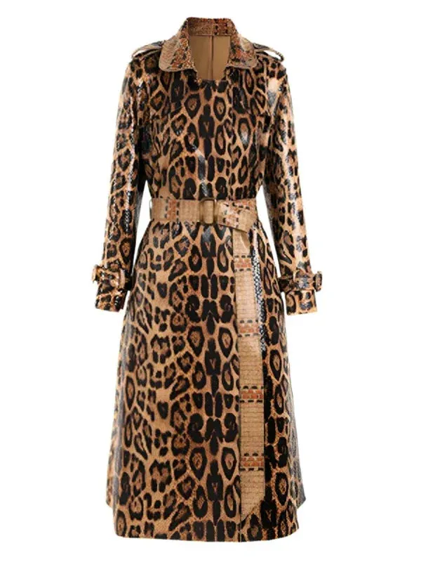 Wenkouban-Winter outfits Christmas Brown Leopard Printed Long Belt PU Leather Style Trench Coat