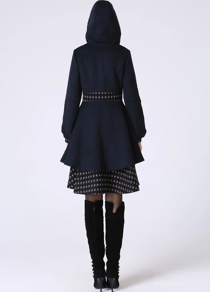 Womens Mid-Length Winter Jacket - Navy Blue Midi Swing & Layered Wool Coat with Contrasting Hemline Detail (1059)